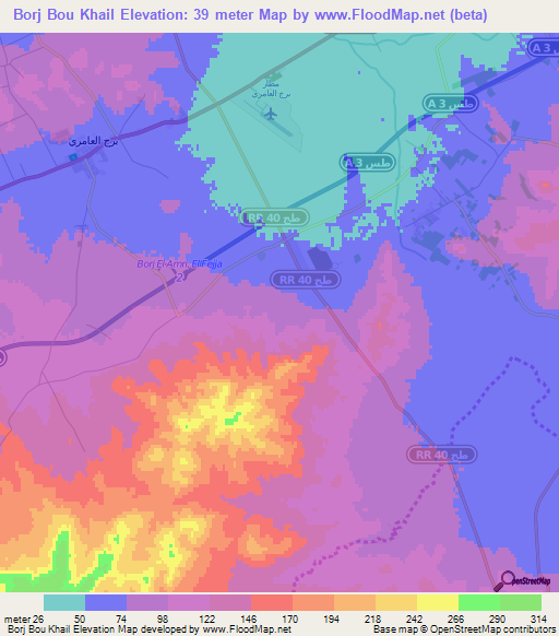 Borj Bou Khail,Tunisia Elevation Map