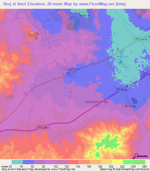 Borj el Amri,Tunisia Elevation Map