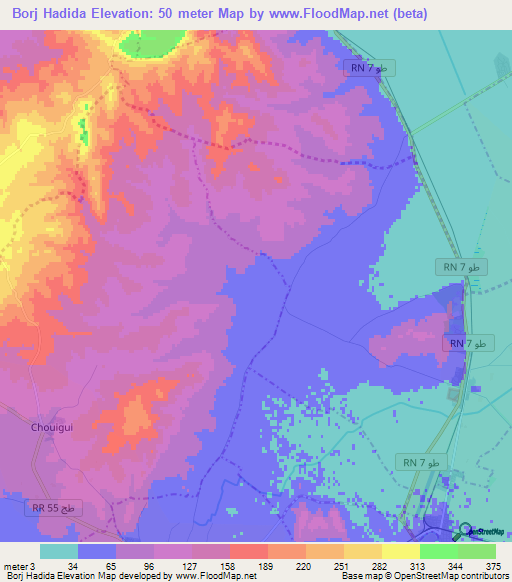 Borj Hadida,Tunisia Elevation Map