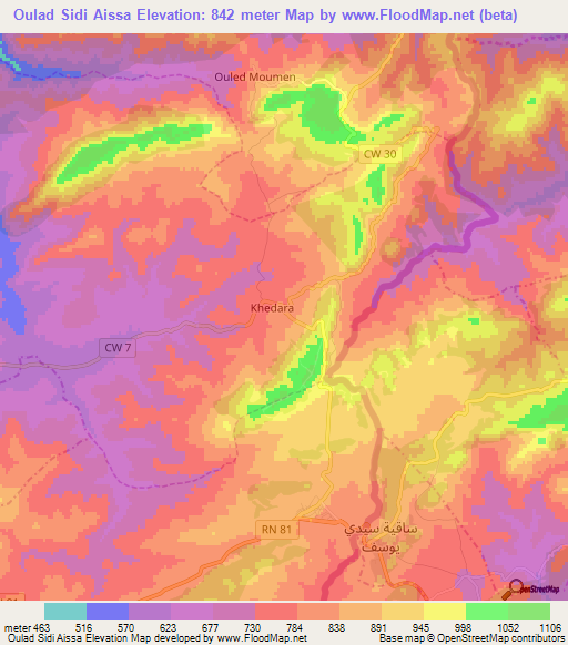 Oulad Sidi Aissa,Algeria Elevation Map