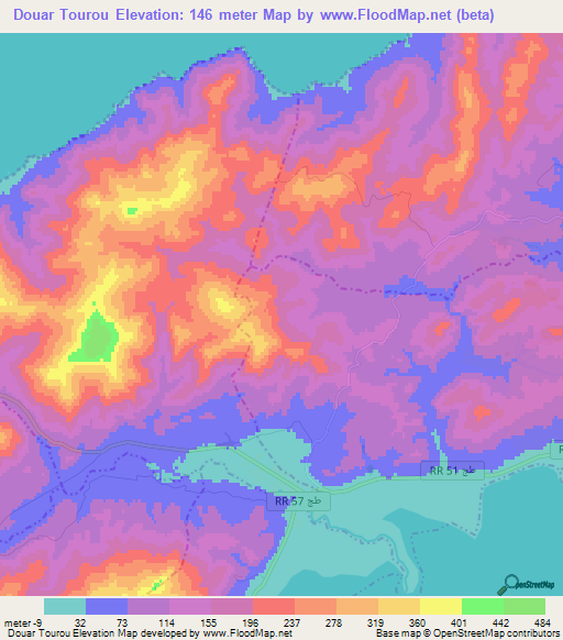 Douar Tourou,Tunisia Elevation Map