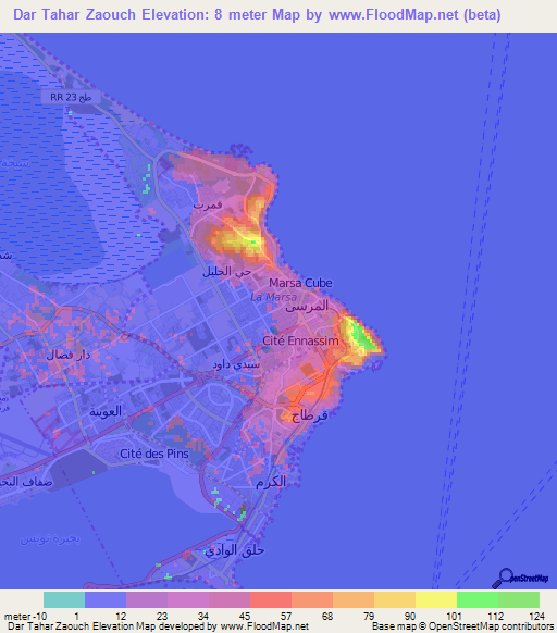 Dar Tahar Zaouch,Tunisia Elevation Map