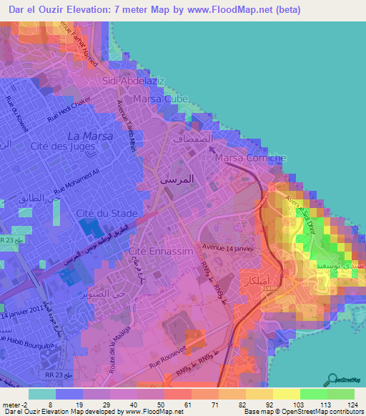 Dar el Ouzir,Tunisia Elevation Map