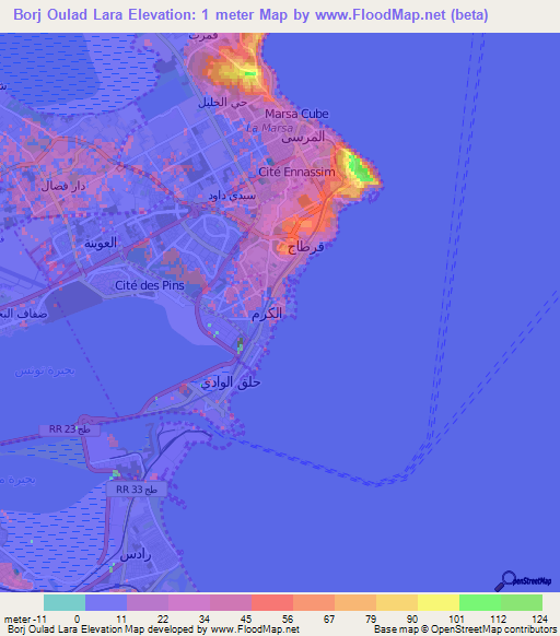 Borj Oulad Lara,Tunisia Elevation Map