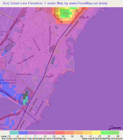Borj Oulad Lara,Tunisia Elevation Map