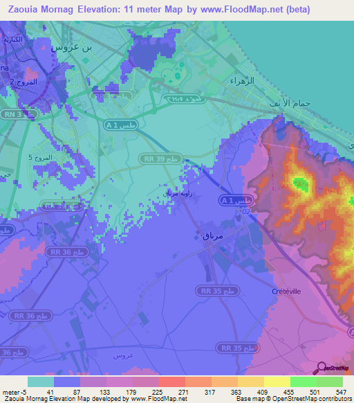Zaouia Mornag,Tunisia Elevation Map