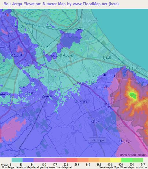 Bou Jerga,Tunisia Elevation Map