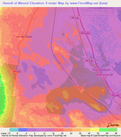 Henndi el Menzel,Tunisia Elevation Map