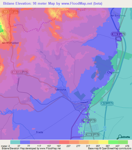 Bidane,Tunisia Elevation Map