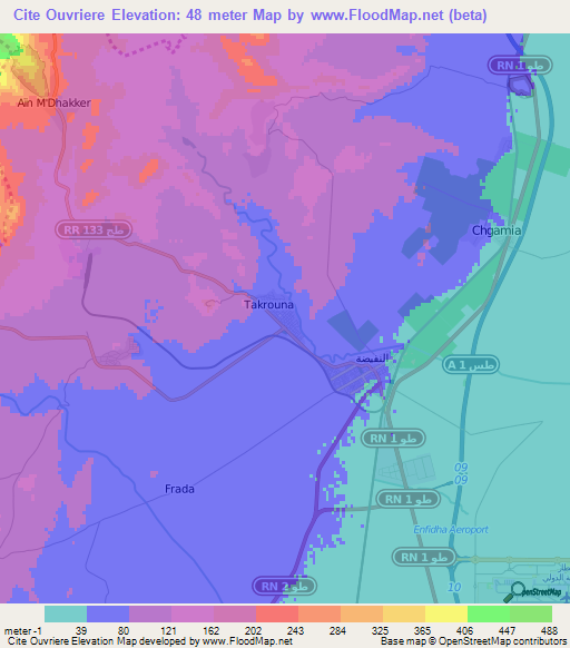 Cite Ouvriere,Tunisia Elevation Map