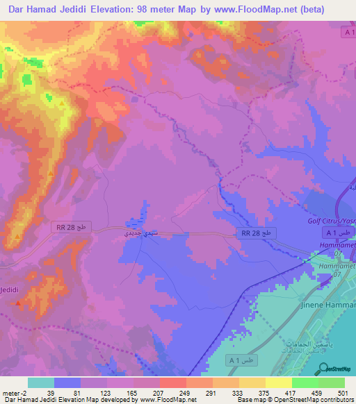 Dar Hamad Jedidi,Tunisia Elevation Map