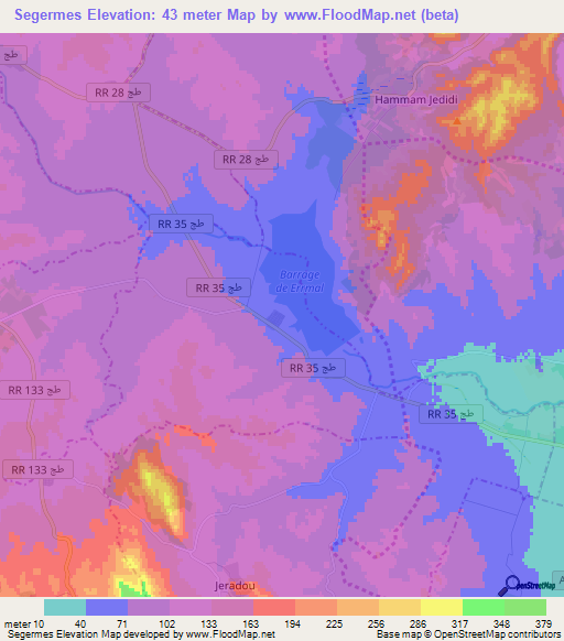 Segermes,Tunisia Elevation Map