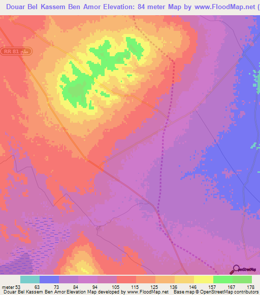 Douar Bel Kassem Ben Amor,Tunisia Elevation Map