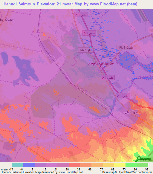 Henndi Salmoun,Tunisia Elevation Map