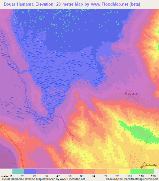 Douar Hamama,Tunisia Elevation Map