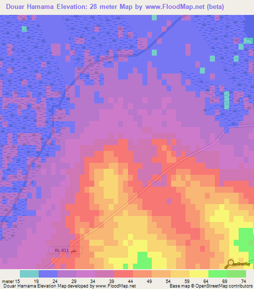 Douar Hamama,Tunisia Elevation Map