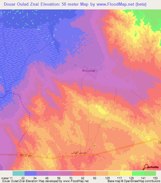 Douar Oulad Znai,Tunisia Elevation Map
