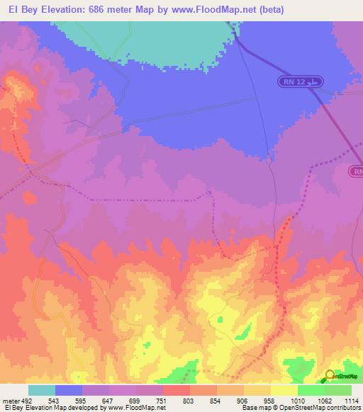El Bey,Tunisia Elevation Map