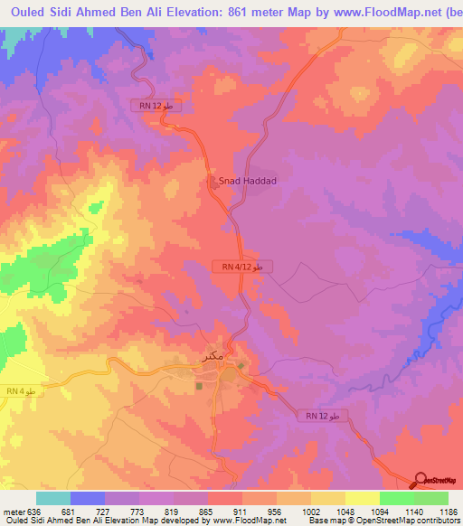 Ouled Sidi Ahmed Ben Ali,Tunisia Elevation Map