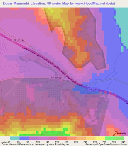 Douar Mannoubi,Tunisia Elevation Map