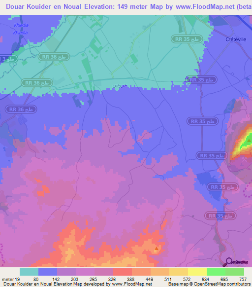 Douar Kouider en Noual,Tunisia Elevation Map