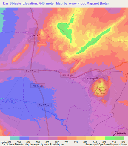 Dar Sbiaete,Tunisia Elevation Map