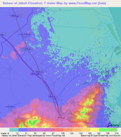 Kebeur el Jaheli,Tunisia Elevation Map