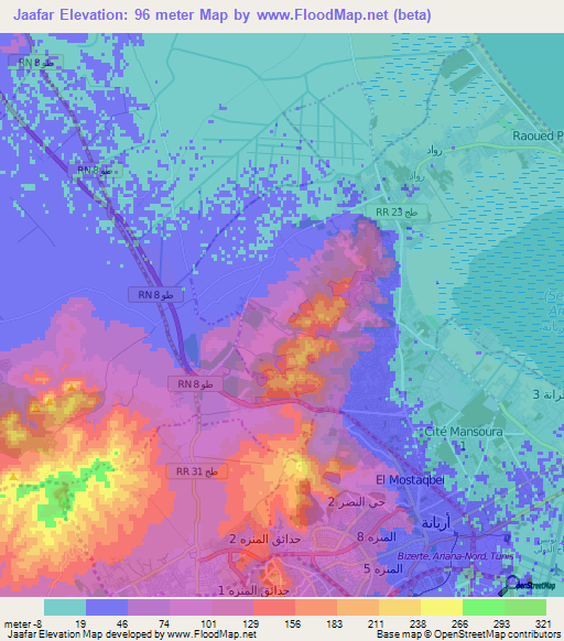 Jaafar,Tunisia Elevation Map