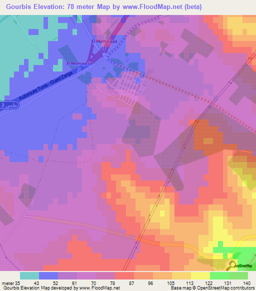 Gourbis,Tunisia Elevation Map