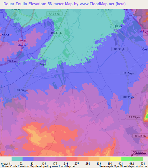 Douar Zouila,Tunisia Elevation Map