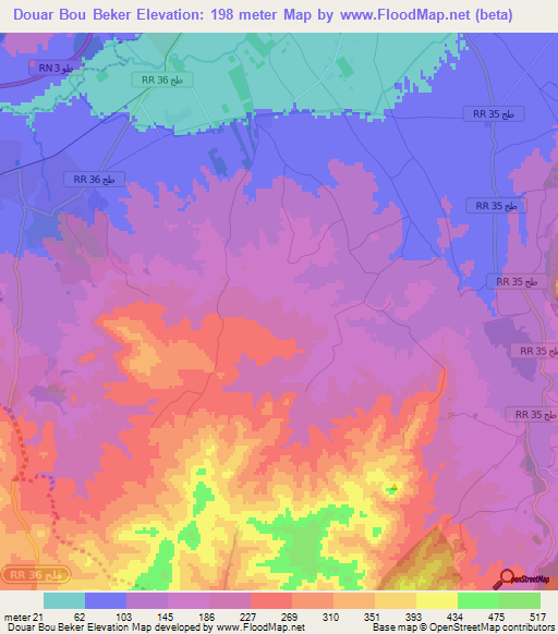 Douar Bou Beker,Tunisia Elevation Map