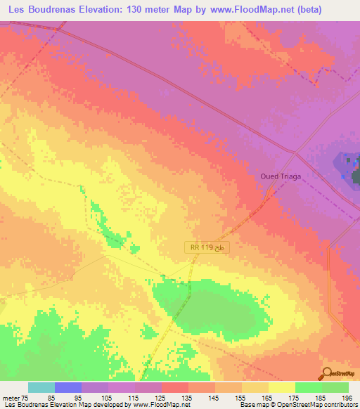 Les Boudrenas,Tunisia Elevation Map