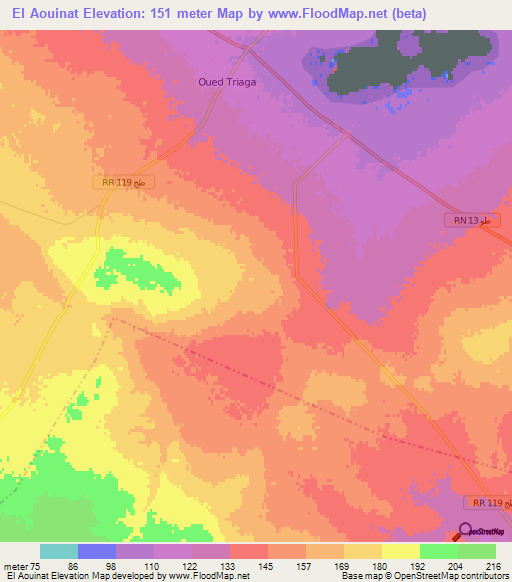El Aouinat,Tunisia Elevation Map