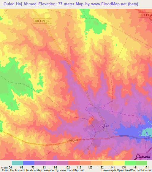 Oulad Haj Ahmed,Tunisia Elevation Map