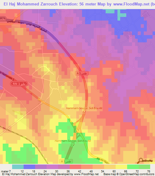 El Haj Mohammed Zarrouch,Tunisia Elevation Map