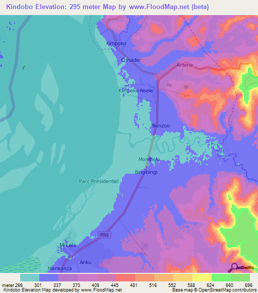 Kindobo,Congo (Kinshasa) Elevation Map
