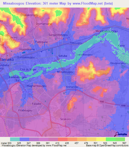 Missabougou,Mali Elevation Map