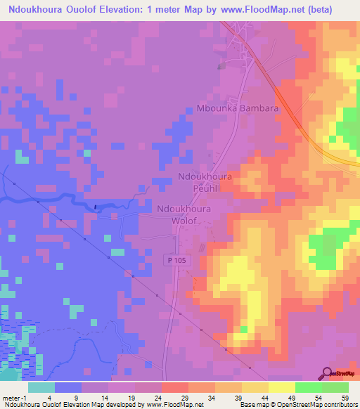 Ndoukhoura Ouolof,Senegal Elevation Map