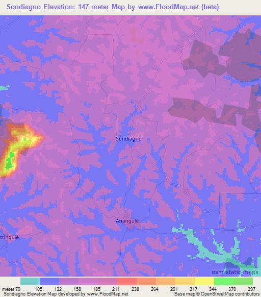 Sondiagno,Ivory Coast Elevation Map