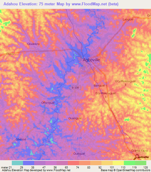 Adahou,Ivory Coast Elevation Map