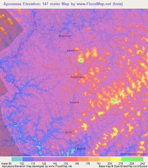Apouassa,Ivory Coast Elevation Map