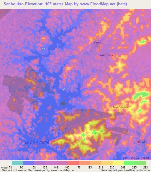 Sanhoukro,Ivory Coast Elevation Map