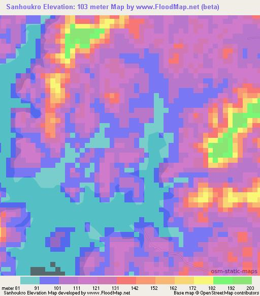 Sanhoukro,Ivory Coast Elevation Map