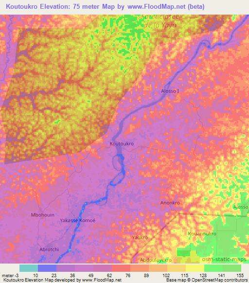 Koutoukro,Ivory Coast Elevation Map