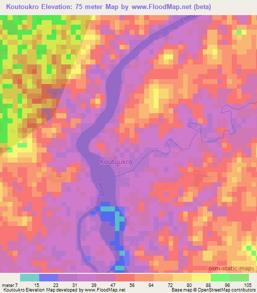 Koutoukro,Ivory Coast Elevation Map