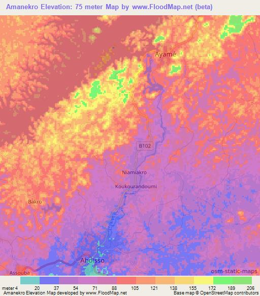 Amanekro,Ivory Coast Elevation Map