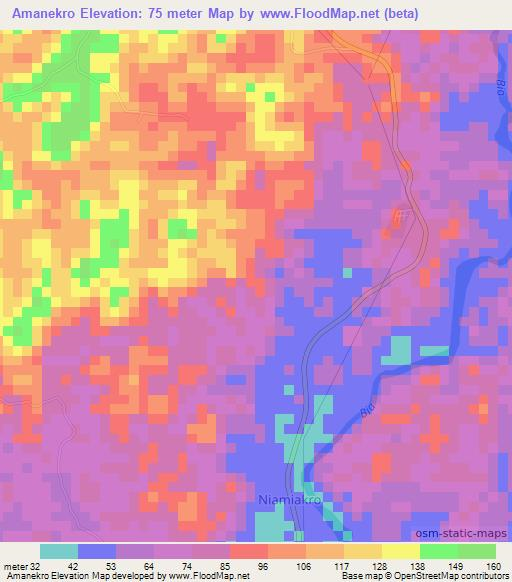 Amanekro,Ivory Coast Elevation Map