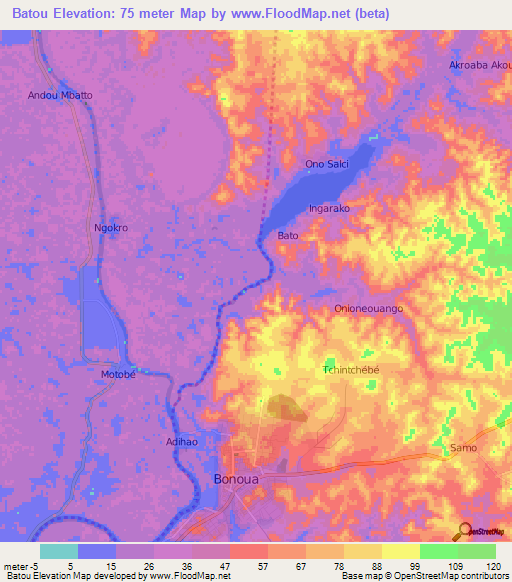 Batou,Ivory Coast Elevation Map