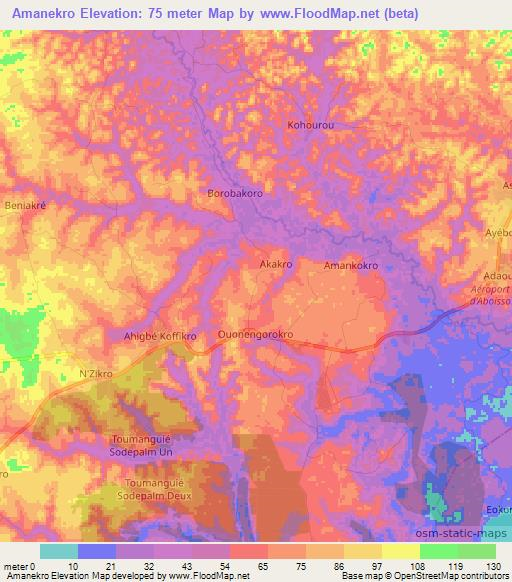 Amanekro,Ivory Coast Elevation Map