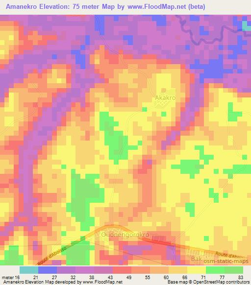 Amanekro,Ivory Coast Elevation Map
